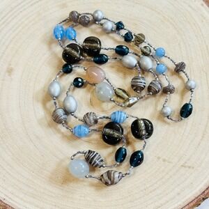 VTG Blue Venetian Art Glass Murano Swirl Necklace gray poured Beads long 44"